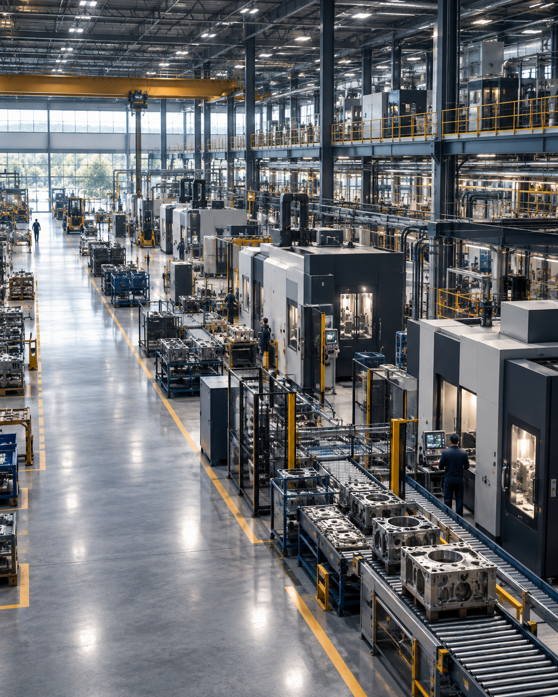 Modern manufacturing production floor with CNC equipment and automated lines